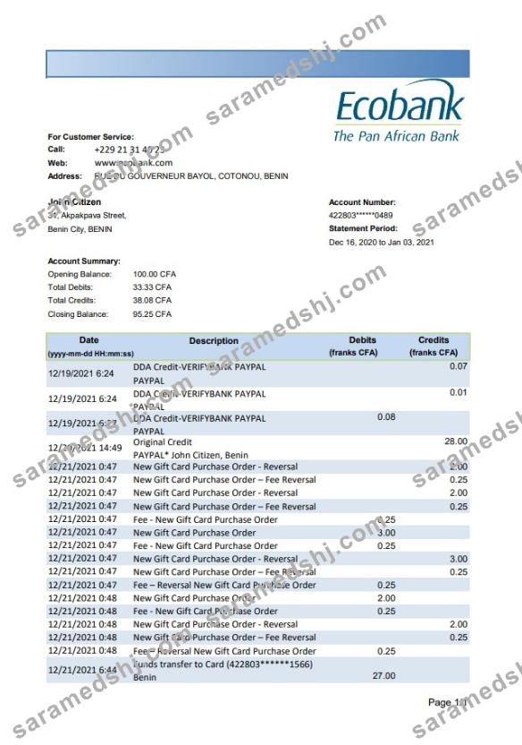 Benin Ecobank bank statement easy to fill template in .xls and .pdf file format